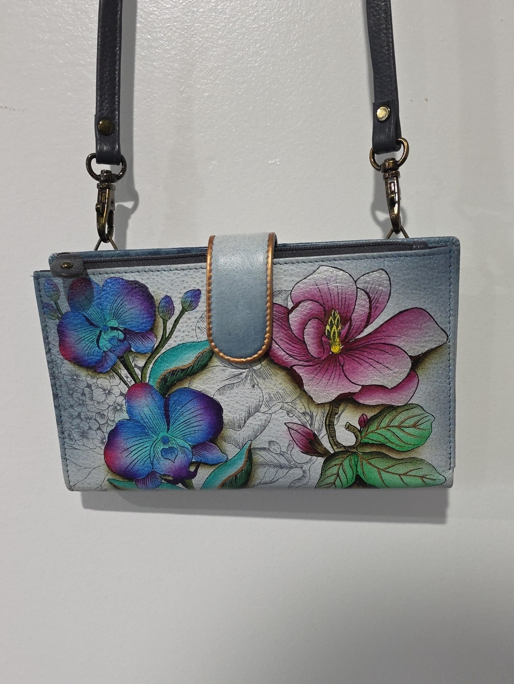 Anuschka Floral Fantasy Crossbody Wallet Cell Phone Bag Case 1113 NWOT